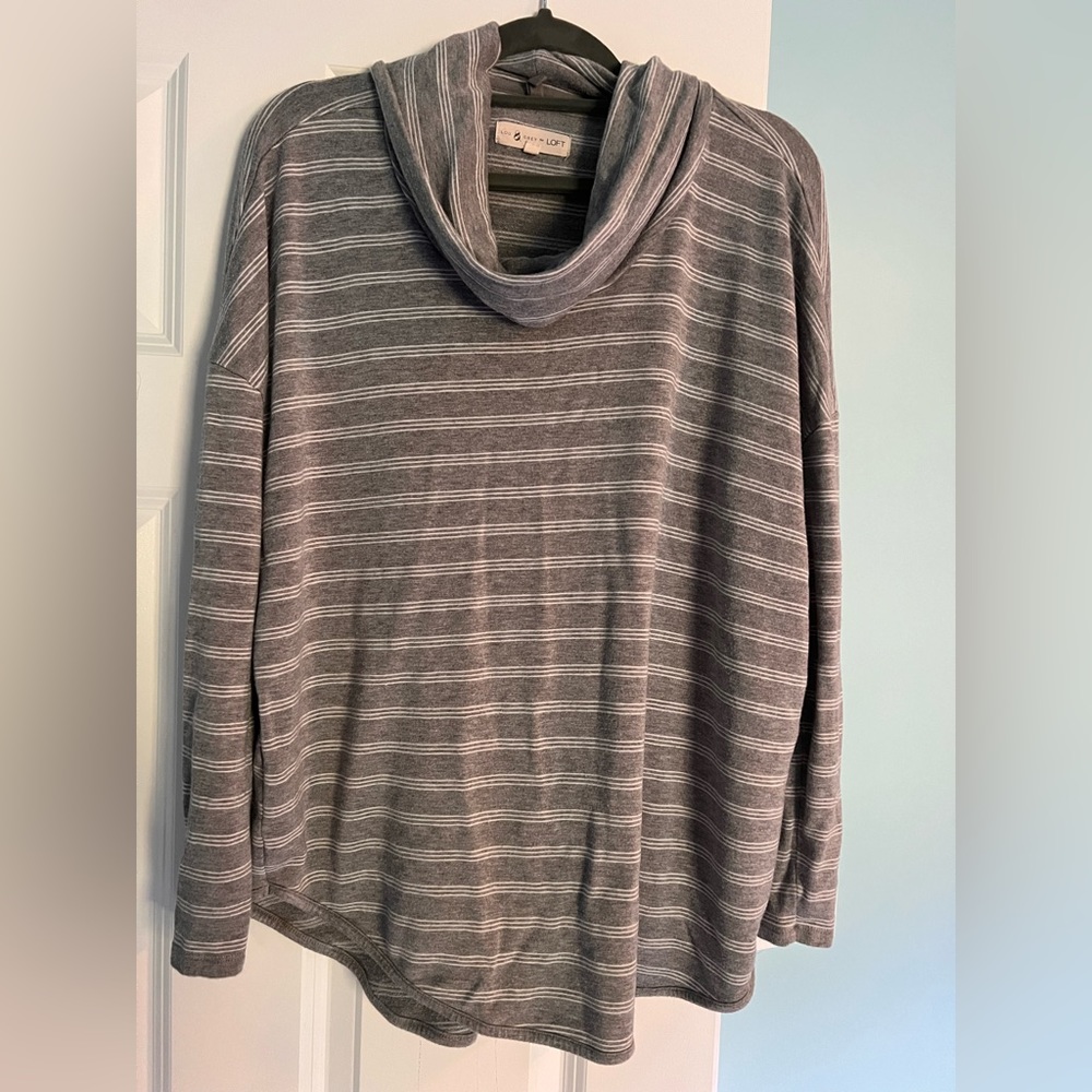 Cowl-neck gray top with white stripes.  EUC